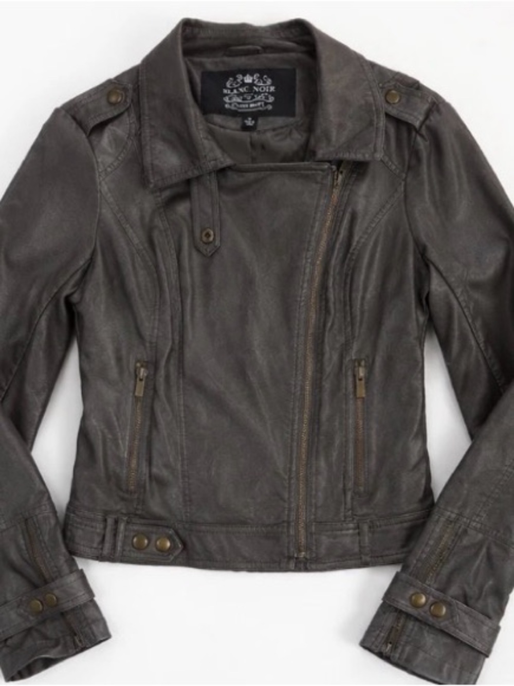 Blanc Noir Gray Faux Leather Moto Jacket Women's SZ S Asymmetrical Zip - Picture 3 of 7